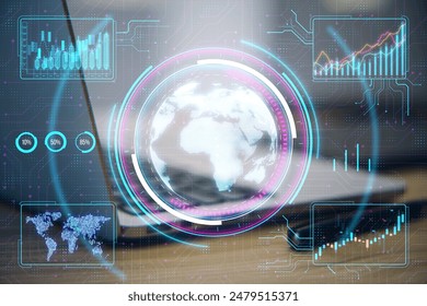 A digital interface with a holographic globe and financial graphs against a tech-inspired background, illustrating a global business concept