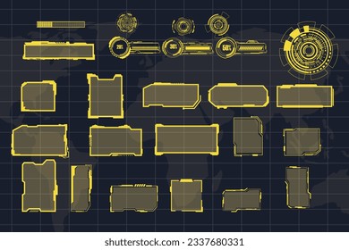 digital interface HUD elements set pack. User Interface, frame screens. Callouts titles, FUI circle set, Loading bars. Dashboard reality technology screen. Vector	
