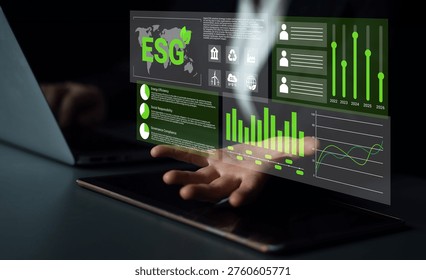 A digital interface illustrating ESG data metrics with vibrant charts and graphs, symbolizing sustainable business practices and modern corporate analysis. Gantry - Powered by Shutterstock - Get 15% off with code: PIKWIZARD15