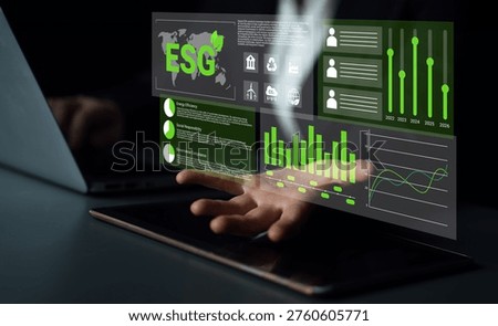A digital interface illustrating ESG data metrics with vibrant charts and graphs, symbolizing sustainable business practices and modern corporate analysis. Gantry