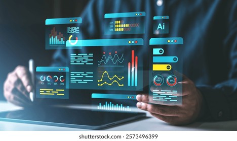 Digital interface with interactive graphs, charts, and data points on a dark background, symbolizing web and technology concepts