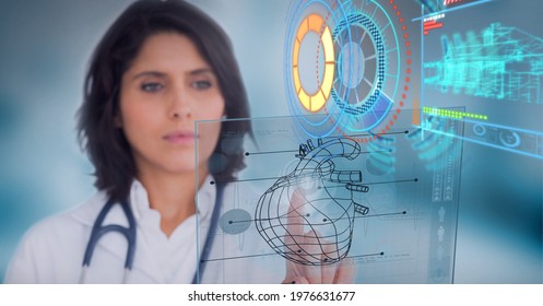 Digital interface with medical data processing against female doctor touching invisible screen. medical research and digital interface technology concept