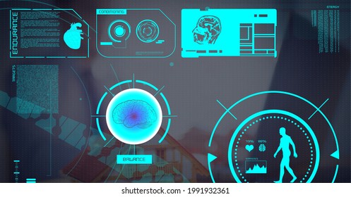 Digital interface with medical data processing against businessman using laptop. computer interface and medical science research technology concept