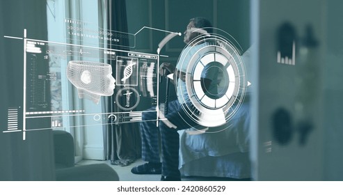 Digital interface with medical data processing against senior man with walking stick sitting on bed. staying at home in self isolation in quarantine lockdown