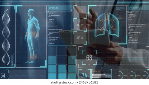 Digital interface with medical data processing against mid section of doctor using digital tablet. medical research and technology concept - Powered by Shutterstock