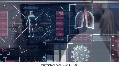 Digital interface with medical data processing against female doctor using computer. medical research and technology concept