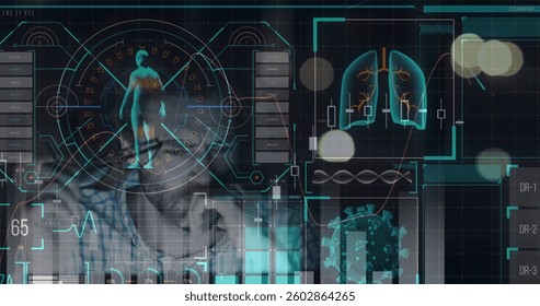Digital interface with medical data processing against stressed man using computer. medical research technology and covid-19 pandemic concept