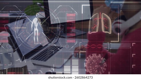 Digital interface with medical data processing against man wearing face mask using computer. medical research technology and covid-19 pandemic concept