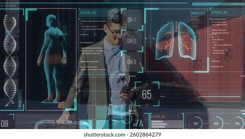 Digital interface with medical data processing against man with trolley bag using smartphone. medical research and technology concept