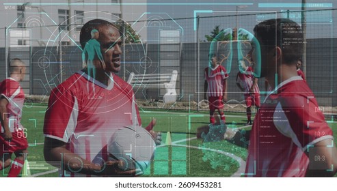 Digital interface with medical data processing against two male soccer players talking on grass turf. sports and medical research technology