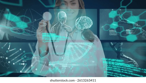 Digital interface with medical data processing against caucasian female doctor holding a stethoscope. medical research and technology concept