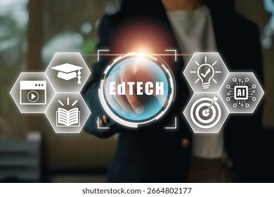 A digital interface showcasing the concept of EdTECH with icons representing education, technology, and innovation.