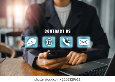 Digital interface showcasing contact methods including email, phone, and messaging for business communication.