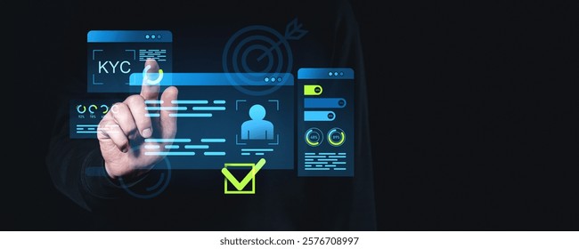 Digital interface showcasing KYC verification with icons, charts, and user data on a dark background. Concept of digital ID verification process