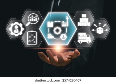 Digital interface showcasing supply chain management with logistics icons for modern business solutions. - Powered by Shutterstock - Get 15% off with code: PIKWIZARD15