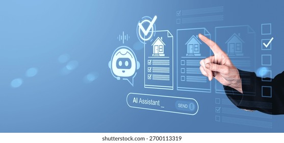Digital interface showing AI assistant helping with real estate property catalog search, futuristic graphic style, on blue background, concept of property tech