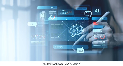 Digital interface showing AI, hologram-style elements, and data visuals. Hand interacts with futuristic tech background, concept of AI