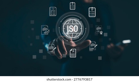A digital interface shows ISO certification icons as a person interacts with virtual documents and security symbols against a dark background.
