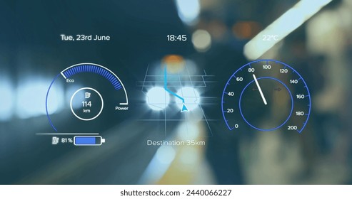 A digital interface with speedometer and energy icons on a blue background. Global business finances connections technology data processing and digital interface concept digitally generated image.