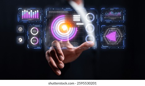 A digital interface with vibrant graphs and controls, showcasing futuristic technology as a hand interacts with holographic elements.