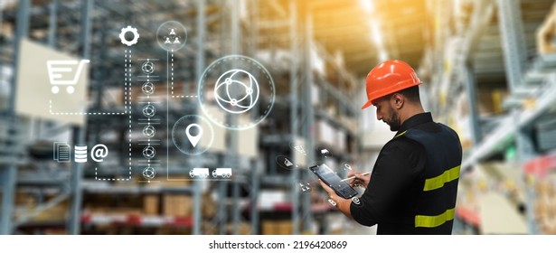 digital internet network  iot Smart logistics Warehouse management innovative software in computer  supply chain distribution  export order package shipment stock box ai computer check smart factory - Shutterstock ID 2196420869