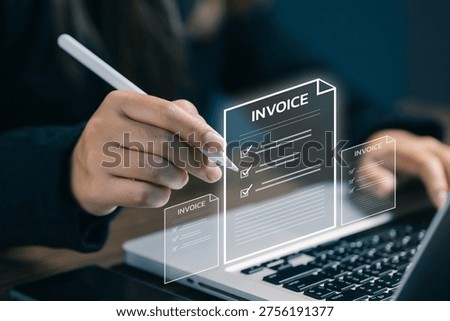 Digital invoice and billing system concept on laptop, financial document management, payment processing and accounting workflow automation.
