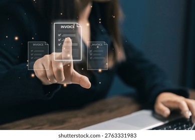 Digital invoice management with virtual documents, online billing system, business accounting, financial tracking, paperless workflow, modern fintech solutions for efficient transactions