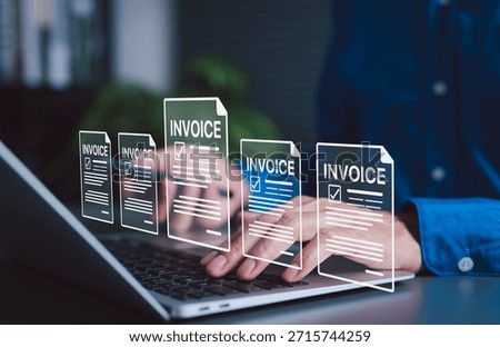 Digital Invoicing and Financial Document Management Concept. Businessman interact with digital invoice icons on laptop. online billing, E-Invoice, financial technology, paperless document processing,