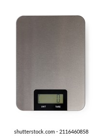 Digital kitchen scale isolated on a white background. Electronic scales for measurement the food weight during dieting and cooking. Rectangular metallic measuring device cutout. Top view.