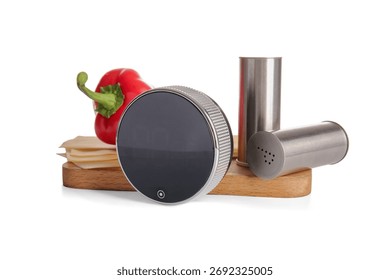 Digital kitchen timer, dishware and ingredients on white background