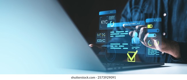 Digital KYC interface with holographic graphics, a hand interacting with icons and data screens, set against a blue gradient background. Concept of identity verification