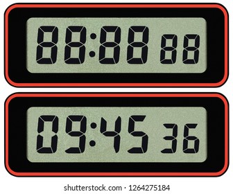 Digital lcd stopwatch timer typeface template, isolated seven segment black arabic numerals, binary digit countdown concept, electronic alarm watch time digits figures metaphor large macro closeup