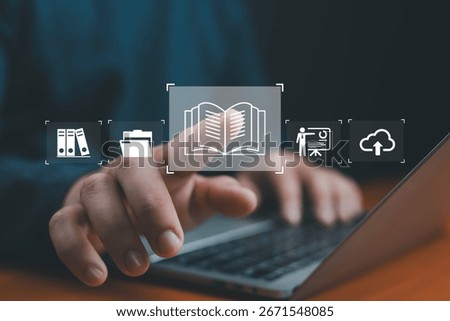 Digital learning and knowledge management concept with open book icon, cloud storage, education, courses files, and education technology interface on laptop screen for e-learning and online study.