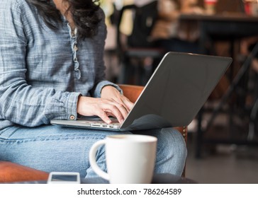 Digital Lifestyle Blogger (blog Writer) Or Business Woman Person Using Computer And Mobile Smart Device Working Online Internet Technology In Coffee Shop Or Home Via Social Media Communication 