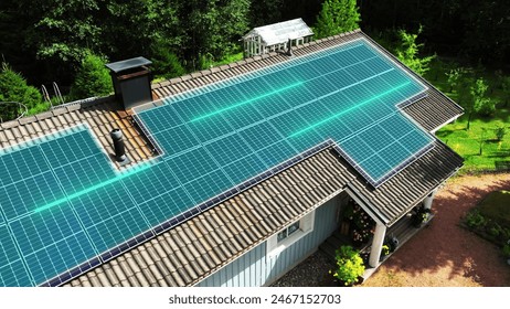 Digital lines and 3D Hologram visualization on a solar panel house roof. Graphic