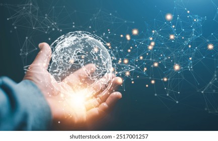 Digital link tech, Businessman holding global technology and media digital network connection, Media and data connection for business concept, Big data analytics and business intelligence.