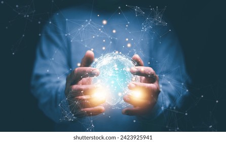 Digital link tech, Media and Data Connection Concept, Businessman holding global technology and media digital network connection, Big data analytics and business intelligence.