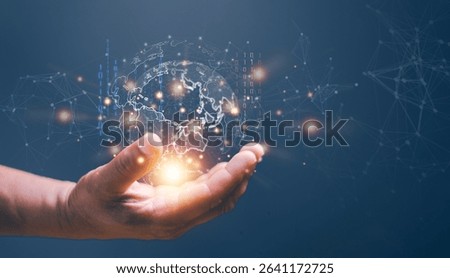 Digital link tech. Media and data connection for business concept. Businessman holding global technology and media digital network connection. Big data analytics and business intelligence.