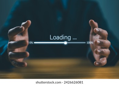 Digital loading bar progress from 0% to 100% between businessman hands for information download data concept.