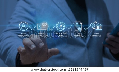 Digital loan application process showing credit score check and fund transfer.