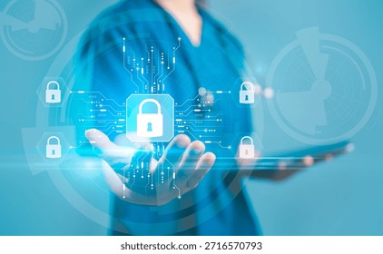 Digital lock circuit interface floating above human hand represents cybersecurity, data protection, secure access, information privacy advanced technology solutions for modern business online systems