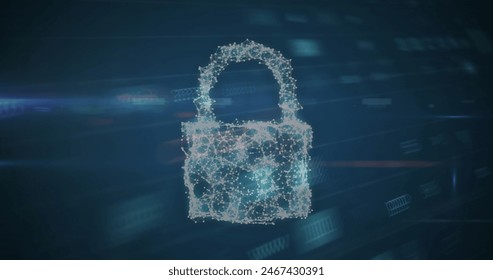 A digital lock icon composed of interconnected points and lines is glowing. The background features dark, abstract digital landscape with blurred data streams