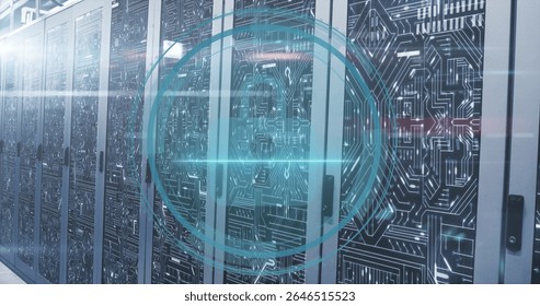 Digital lock image over futuristic server room with circuit patterns. Cybersecurity, technology, digital data, encryption, network, innovation