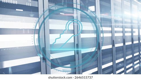 Digital lock image over server racks in data center environment. Cybersecurity, data protection, encryption, technology, server room, network