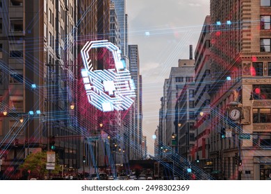 Digital lock symbol overlaying an urban cityscape with circuit lines. Modern, digital graphic style on a city background. Concept of cybersecurity