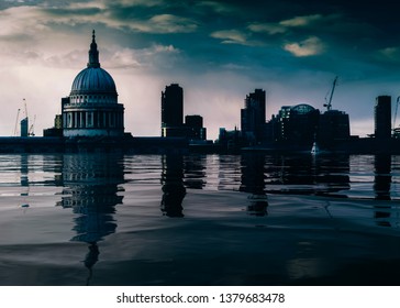 Digital manipulation conceptual work of flooded Thames River in London with iconic St. Paul's cathedral and City of London in background covered in water - Climate Change dystopian theme