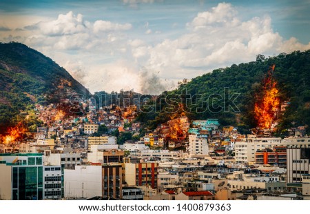 Digital manipulation of fires and smoke from possible gang warfare to control the drug trade in Rio de Janeiro, Brazil slums known as favelas Zdjęcia stock © 