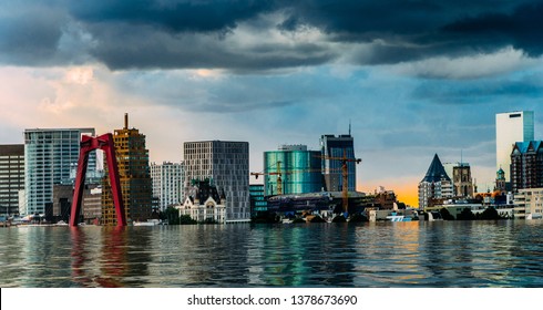 Digital manipulation of flooded Rotterdam, Netherlands downtown skyline - global warming concept - Shutterstock ID 1378673690