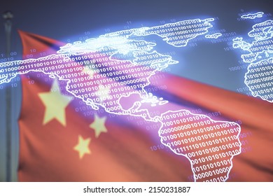Digital Map Of North America Hologram On Chinese Flag And Sunset Sky Background, Global Technology Concept. Multiexposure