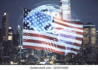 Digital map of North America hologram on US flag and skyline background, global technology concept. Multiexposure